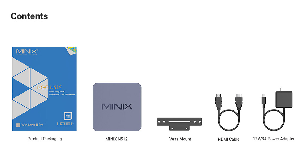 MINIX N512 Mini PC, Intel Core i5-12600H 12 Core Max 4,5GHz, 16GB DDR5 RAM 512GB SSD, 2*HDMI 1.4 (4K@30Hz) + Thunderbolt Type-C (8K@60Hz) Trojitý displej, WiFi 6 Bluetooth 5.2, 4*USB 3.2, 1*plnohodnotný Type-C, 1*1G RJ45, 1*2,5G RJ45, 1*Audio Jack